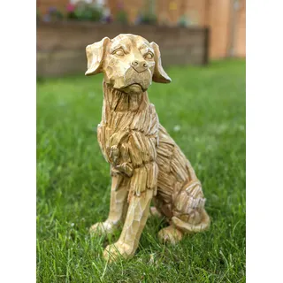 HomeZone Groß 35cm Rustik Holz Effekt Sitzen Labrador Hund Skulptur Treibholz Heim Garten Figur Rasen Statue Wetterfest Polyresin Material