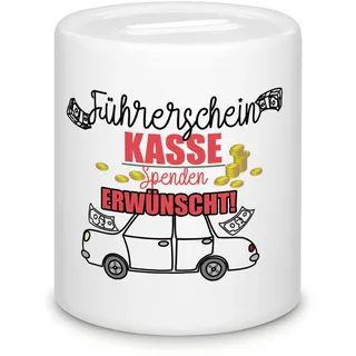 Tassendruck Spardose für Bruder mit Spruch - Geschenk zum Führerschein | "Führerschein Kasse spenden erwünscht", Geschenk für Bruder, Schwester, Freundinnen, Keramik, 8,2 x 8,2 x 9,5 cm