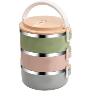 Laughhe 2100ml Thermo-Lunchbox, Tragbarer Thermo-Lunchbox-Behälter aus Edelstahl mit Griff Bento-BoxLebensmittelbehälter (3 Schichten)