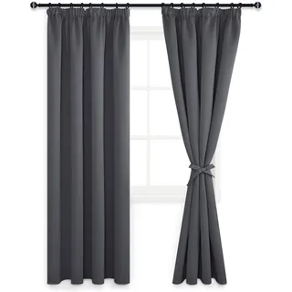 DWCN Vorhänge mit Kräuselband 2er Set Blickdicht Wohnzimmer, H260 x B140 cm Gardinen Verdunkelungsvorhang mit Vorhang-Krawatten, Wärmeisolierend Thermovorhang für Schlafzimmer Wohnzimmer, Dunkel Grau
