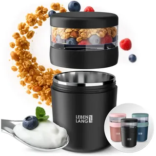 Lebenlang Aufbewahrungsbecher Müslibecher, Isolierende Edelstahlinnenwand, ToGo mit Löffel & 650ml, Edelstahl/Kunststoff, (500ml Becher, 150ml Aufsatz, Drehvershluss, faltbarer Löffel), Auslaufsicher & Perfekt für Schule, Kita, Büro oder Uni schwarz