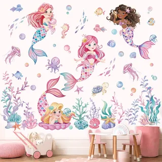 wondever Wandtattoo Meerjungfrau Mädchen Wandsticker Unter dem Meer Seetang | Abziehen und Aufkleben, Abziehbar, Wandaufkleber Selbstklebend für Kinderzimmer Mädchen Babyzimmer Mädchenzimmer Wanddeko