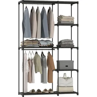 Tragbarer Stoffkleiderschrank mit 2 Kleiderstangen und 6 Regalböden, 111x43x185 cm, Schwarz - 120 kg belastbar - 16 mm Stahlrohr - werkzeugloser A... - Schwarz