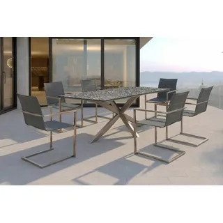 OUTFLEXX Garten-Essgruppe, silber, Edelstahl/Granit/Textilene, 200x100 cm, 6 Freischwinger, padded, Armlehnen aus Teak