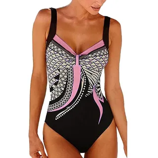 KEERADS Damen Badeanzug Bauchweg Puch Up Große Größen One Piece Figurformend Schwimmanzug Bademode Strandmode (XL, Rosa) - XL