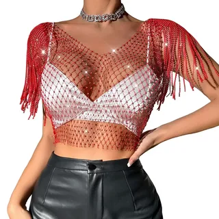 TSWNG Glitzer Oberteile Damen Netz, Mesh Top Strass, Sexy Crop Top Fischnetz, mit Strasssteinen, Quasten, Transparent, Bikini Cover Up für Nachtclub Party Festival, Rot mit weiß Diamant (XS)