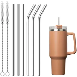 3 Gerade + 3 Gebogene Edelstahl Strohhalme Set, Inklusive 2 Reinigungsbürsten, 215mm Länge mit 6mm Durchmesser, Wiederverwendbare Metall Trinkhalme für Heiße und Kalte Getränke (Mit Bürsten)