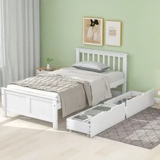 Flieks Massivholzbett Klassisches Bett 90x200cm mit 2 Schubladen Jugendbett Einzelbett Gästebett weiß