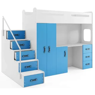 Interbeds Etagenbett Hochbett MAX 4 Größe 200x80cm mit Schrank und Schreibtisch, Farbe zur Wahl inkl. Matratze (blau)