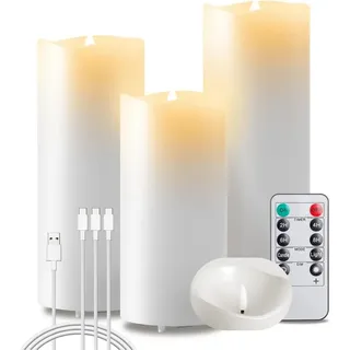 EXTSUD LED-Kerze Flammenlose LED Kerzen 3er Flackerndes Echtwachs Kerzen Aufladbare (Stumpenkerzen für Haus Hochzeit Weihnachten Halloween Party Decor), LED Kerzen mit Timer und Fernbedienung weiß