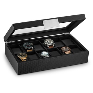 Glenor Co Uhrenbox für Herren, 12 Fächer, luxuriöses Karbonfaser-Design, großer Halter, Metallschnalle, Schwarz