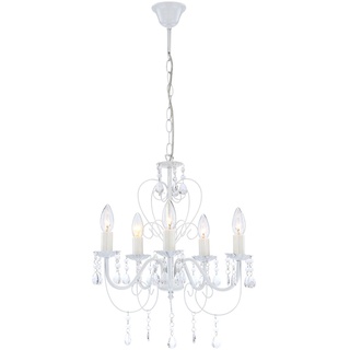 Pendelleuchte weiß Kristall Lampe Kronleuchter Wohnzimmerleuchte Deckenleuchte Hängelampe, 5-flammig hängend, 5x E14, DxH 44x129 cm