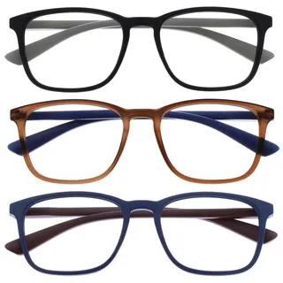 OPULIZE Max Lesebrille 3er Pack - Klassische große rechteckige Fassung - Brillen in mattem Schwarz, Braun und Blau - Herren Damen Unisex - RRR78-123 - +3,50