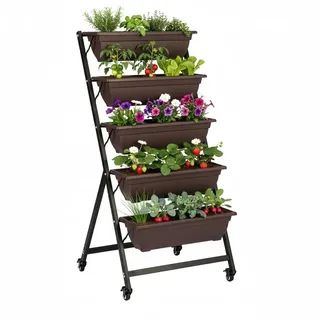 BIGTREE Hochbeet - Pflanzbeet aus Metall mit 5 Etagen - Blumentreppe Pflanztreppe mit Rollen 65x65x135cm - Gemüsebeet & Kräuterhochbeet für Balkon, Terrasse und Garten