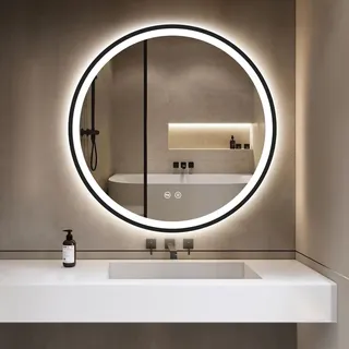 GIMBELEN Runder LED-Badspiegel 50 cm, 3 Lichtfarben, dimmbar, Speicherfunktion, Schwarz - Schwarz
