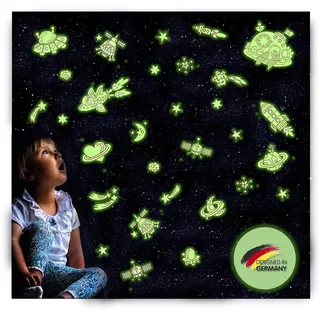 MOCADA® Leuchtsticker selbstklebend mit extra starke Leuchtkraft, 86 Stück fluoreszierende Leuchtelemente Wandtattoo & Wandsticker, Leuchtaufkleber für Baby-, Kinder- oder Schlafzimmer (Weltraum)