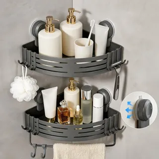 Lekesky Duschablage Ohne Bohren Ecke, Saugnäpfe mit Drehverschluss, Abnehmbar, Aluminium & Rostfrei, Badezimmer Regal Duschregal mit Handtuchhalter für Bad Küche & Mietwohnung (2er Set, Gunmetal Grau)