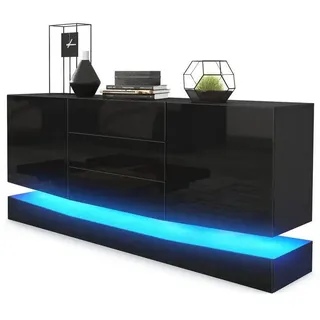 Vladon Sideboard City (Kommode mit 2 Türen, und 3 Schubladen inkl. LED-Beleuchtung), Schwarz matt/Schwarz Hochglanz (178 x 72 x 38 cm) schwarz