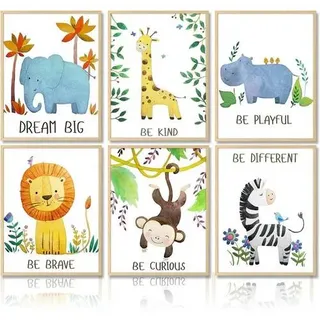 Cartoon Safari Tiere Poster 6er Set 20x25cm Kinderzimmer Dekor