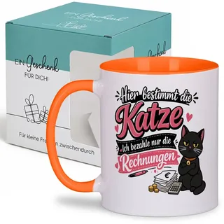 Hier bestimmt die Katze – ich bezahle nur die Rechnungen – Tasse – für Katzenfans und Katzenbesitzer – lustige Geschenkidee für Katzenliebhaber, Orange Geschenkkarton Geschenk