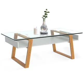 bonVIVO Couchtisch Weiß mit Glas Holz Materialmix - Beistelltisch, Sideboard, Wohnzimmertisch - Modern Minimalistisch - Stilvoller Glastisch für Wohnzimmer, Schlafzimmer, Diele