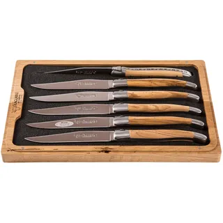 Laguiole en Aubrac Steakmesser, Set mit 6 Stück, Griff aus Olivenholz, Original aus Frankreich, mit Echtheitszertifikat und schöner Aufbewahrungsbox aus Holz | Holz-Leute