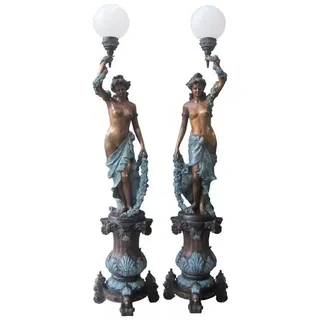 Casa Padrino Luxus Jugendstil Stehleuchten Set Damen Bronze / Mehrfarbig / Weiß 60 x 60 x H. 234 cm - Prunkvolle Bronze Skulpturen mit Lampe - Barock & Jugendstil Bronze Stehleuhten