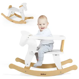 Belleur Schaukelpferd ab 1 Jahr, Schaukeltier Massivholz für Babys und Kleinkinder, Schaukelstuhl Holz Pferd, Pferd Zum Reiten für Kinder, Schaukeltier für Kinder - Weiß