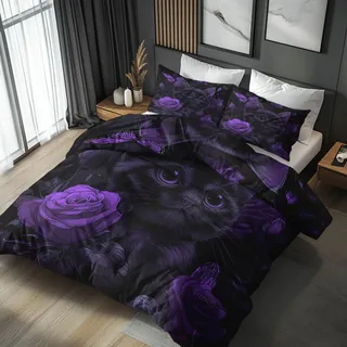 Generisch Bettwäsche 135x200 Katze Design, 2teilig - Kätzchen Blumenmuster Bettbezug und 1 Kissenbezug 80x80, Wendebettwäsche, Schlafzimmer Deko, Mikrofaser, mit Reißverschluss SD-1192