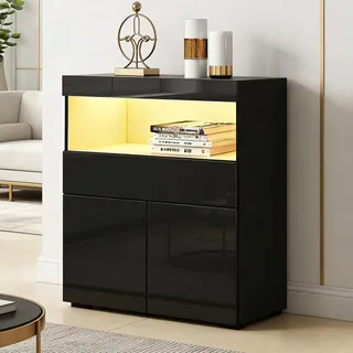 Sideboard,Buffetschrank,Kommode mit 2 Türen und 1 Schubladen,Hochglanz TV Schrank Highboard mit LED-Beleuchtung,Aufbewahrungsschrank mit offenem Fach für Esszimmer Wohnzimmer 80x35x90cm (Schwarz)