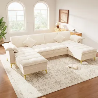 STILVORA Ecksofa 4-Sitzer in U-Form mit 2 Chaiselongues, Modulares Sofa mit Cloud-Optik und Schaumkissen, Wohnlandschaft mit goldenen Metallfüßen... - Beige