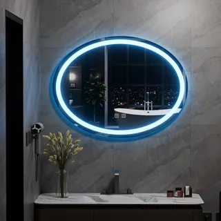 Ztexkee Badspiegel mit Beleuchtung und Entnebelungs Funktion LED Badezimmerspiegel 80x60 cm Oval Wandspiegel Badezimmer (Eu-Standardstecker)