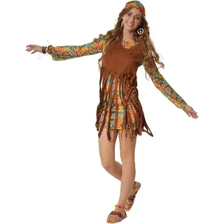 dressforfun Hippie-Kostüm Blumenkind/Friedensfreund, in bunt, Kurzes Kleid mit bunten Mustern, Gr. XXL, Ärmellose Weste in Wildlederoptik mit langen Fransen bunt XXL | XXL