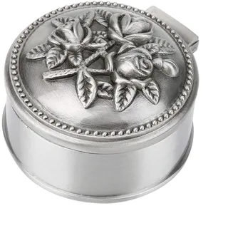 EMUKOEP Vintage Blume Geschnitzte Runde Schmuckschatulle aus Zinklegierung Rin Metall-Schmuckschatulle 7×7×5 cm, Silber, Schmuckkästchen für Ringe, Ohrringe, Schmuck, Hochzeitsgeschenke