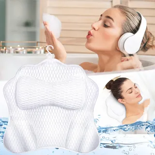 MOYKSRR Badewannenkissen, Badewannenkissen Atmungsaktiver 4D Air Mesh und 6 Saugnäpfen, Nackenkissen Badewanne, Badekissen für Badewanne, Badewannen Kissen für Home Spa, Stützt Kopf,Nacken,Rücken,Weiß