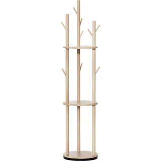 IGTOPS Garderobenständer, Drehbarer Kleiderständer Massivholz mit 9 Haken & 3 Ablagen 170 cm Höhe, Baumform Jackenständer, für Flur, Schlafzimmer, Büro, Mehrzweck Standgarderobe (Naturholz)