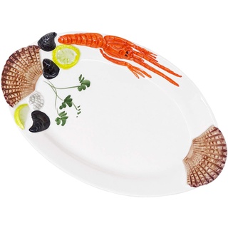 Lashuma Handgemachte, Ovale Servierplatte aus Italienischer Keramik, Fischteller im Meeresfrüchtedesign, Servierteller 32x20 cm