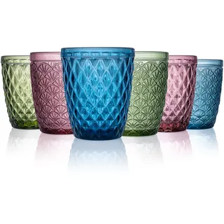 Norqvist Trinkgläser Set bunt, Gläser Set, Wassergläser farbig, Saftgläser | 6er Set 250 ml, spülmaschinengeeignet, Echtglas mit Relief-Muster, dickwandig, für Familie, Gäste und Terrasse, 3 Farben