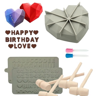 Meajore Herz Silikonform, 3D Herz geformt Kuchen Pfanne, Smash Schokolade Süßigkeiten Herzen mit Holz Hämmer Buchstaben Zahl Tabletts Valentinstag Süßigkeiten (Grau)