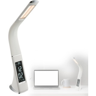 LED Schreibtischleuchte mit Touchdimmer Digitale mit Uhr Wecker Leselampe Leseleuchte Weiß (Schreibtischlampe, Nachttischleuchte, Nachttischlampe, Lichtfarbe einstellbar, Temperatur-Anzeige)