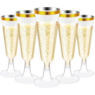 Sektgläser 25 Stück Durchsichtige Champagnergläser aus Plastik 150ml Mehrweg Stapelbar Champagner Glas Transparent Sektglas für Party, Hochzeit, Geburtstag, Picknick(mit Gold)