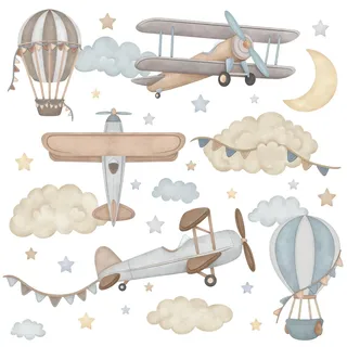 Wally Fox - Wandtattoo Kinderzimmer - Kinderzimmer Deko - Wandtattoo Kinderzimmer Jungen, Mädchen - Flugzeuge, Luftballons, Sterne, Wolken, Blau - L - 34stk