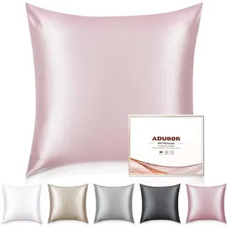 Adubor 100% Seidenkissenbezug 80x80cm für Haar und Haut mit Reißverschluss | 22 Momme Seide, Fadenzahl 900, mit verstecktem Reißverschluss, beide Seiten, Rosa, 1 Stück