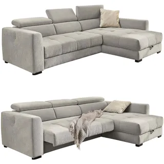 Ecksofa B300/T196/H103 cm mit elektrischer Sitztiefenverstellung, Kopflehnen höhenverstellbar, ausfahrbare Couch, USB Ladefunktion, Bettkasten, spiegelverkehrt montierbar, Chenille in Grau / 15408
