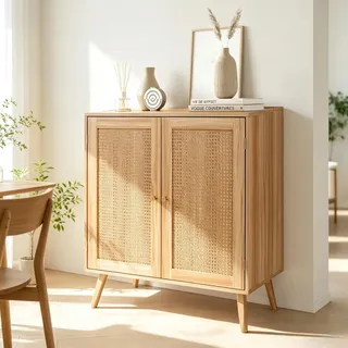 Garvee Sideboard Rattan Kommode Holz mit 2 Türen, Wiener Geflecht Schrank Anrichte Boho Holzschrank mit Massivholzfüßen & Verstellbarem Einlegeboden für Wohnzimmer, Flur, Küche, 80x40x88cm, Natur