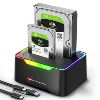 POSUGEAR Festplatten Dockingstation, USB 3.0 5Gbps Festplattengehäuse | für 2,5 und 3,5 Zoll SATA HDD/SSD, 2 x 20TB Dual Bay HDD Docking Station mit Offline Klonen werkzeugloser und UASP/RGB