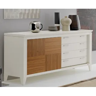 Casa Padrino Luxus Sideboard Weiß / Braun 197 x 53 x H. 88 cm - Edler Massivholz Schrank mit Schiebetür und 4 Schubladen - Luxus Möbel - Luxus Qualität - Made in Italy