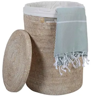 Wäschekorb Rattan Cleo Weiß Wäschsammler Wäschebox Aufbewahrung rund mit Deckel und Innensack Ø35 cm x Höhe 50 cm Größe L