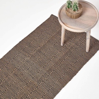 Homescapes Naturfaser Teppich Läufer 66 x 200 cm 100% Jute Küchen-Läufer schwarz beige geometrisches Muster Raute