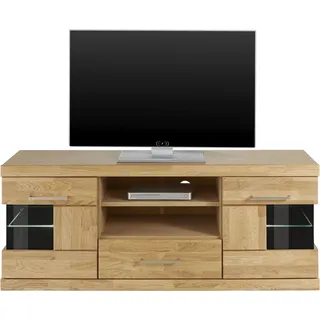 Home Affaire Lowboard »Ribe,140cm breit, Fronten Massivholz,6 Fächer,Kabeldurchführung«, Korpus Holzwerkstoff,Glaseinsatz aus gehärtetem Glas,Böden versetzbar